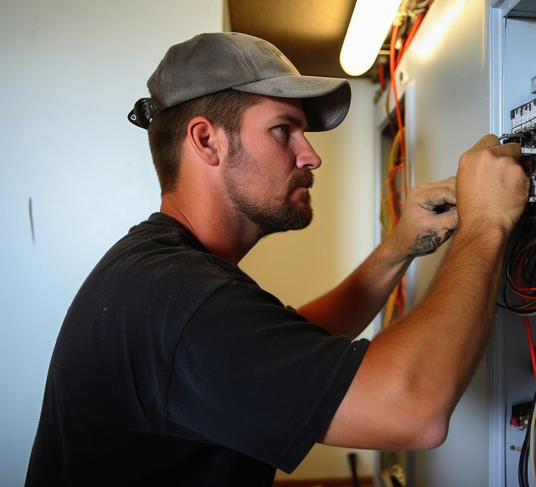 Electrician working inside an open wall on a residential service call